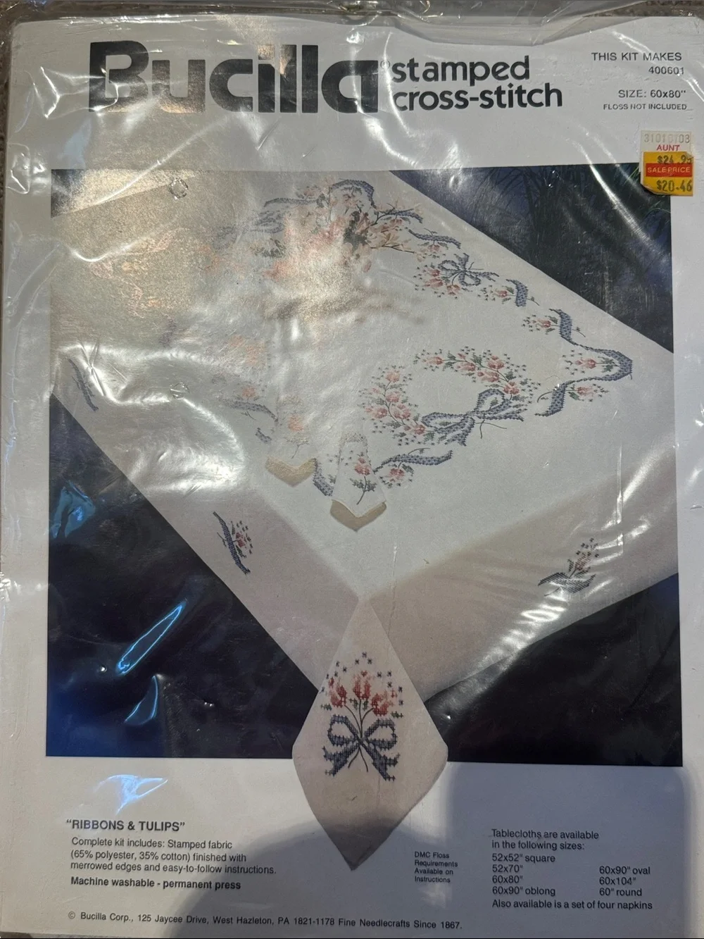 Bucilla White Tablecloth with Blue Ribbon and Pink Tulips cross stitch 60x80